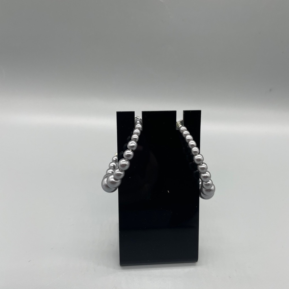 Grey Graduated Faux Pearl Hoop Earrings Silver Tone C-Shape Post Back 1.5 Inch